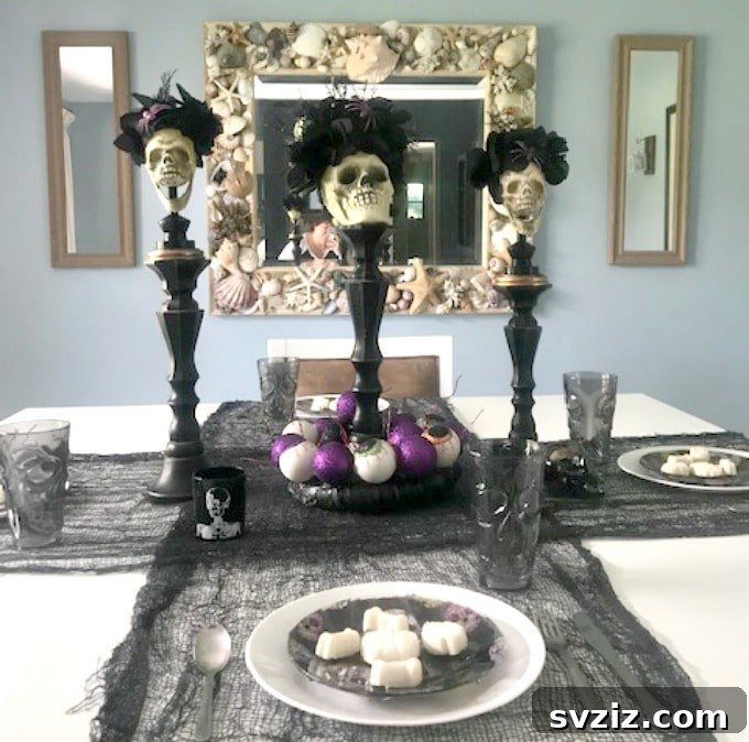 20 Spooktacular Halloween Decorating Ideas 4 Day of the Dead Table Centerpiece with Skulls and Vibrant Colors