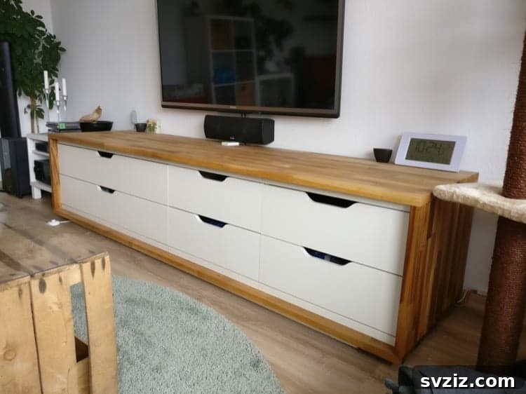 20 Ingenious IKEA TV Stand Upgrades 15 wood framed Stolmen