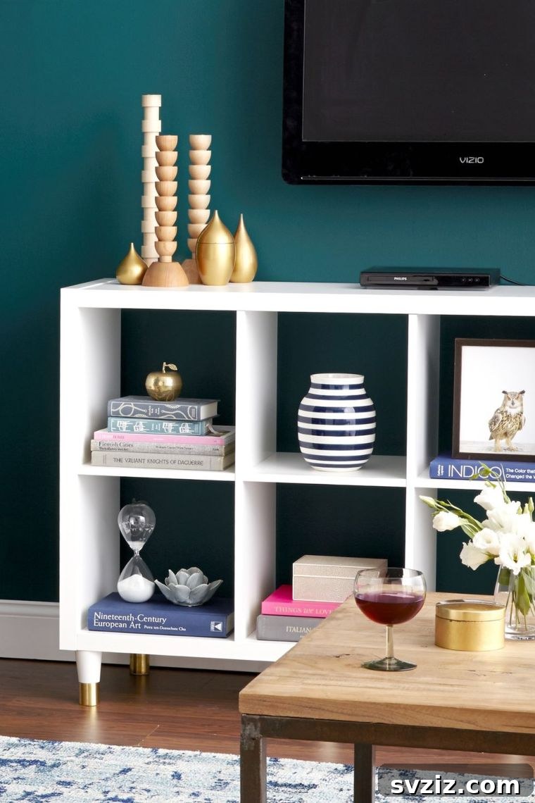 20 Ingenious IKEA TV Stand Upgrades 21 gold accent Kallax