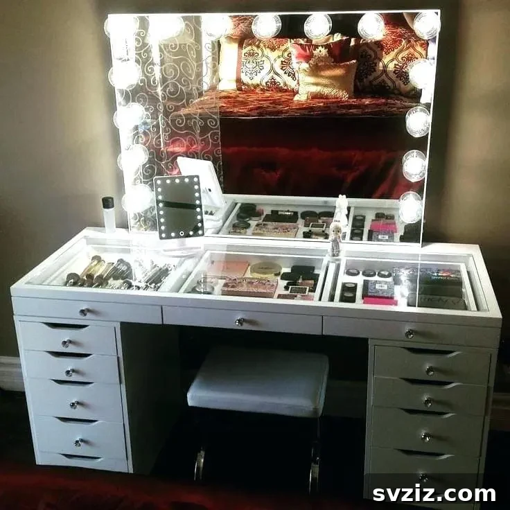 Glass Top Vanity Table with Visible Makeup