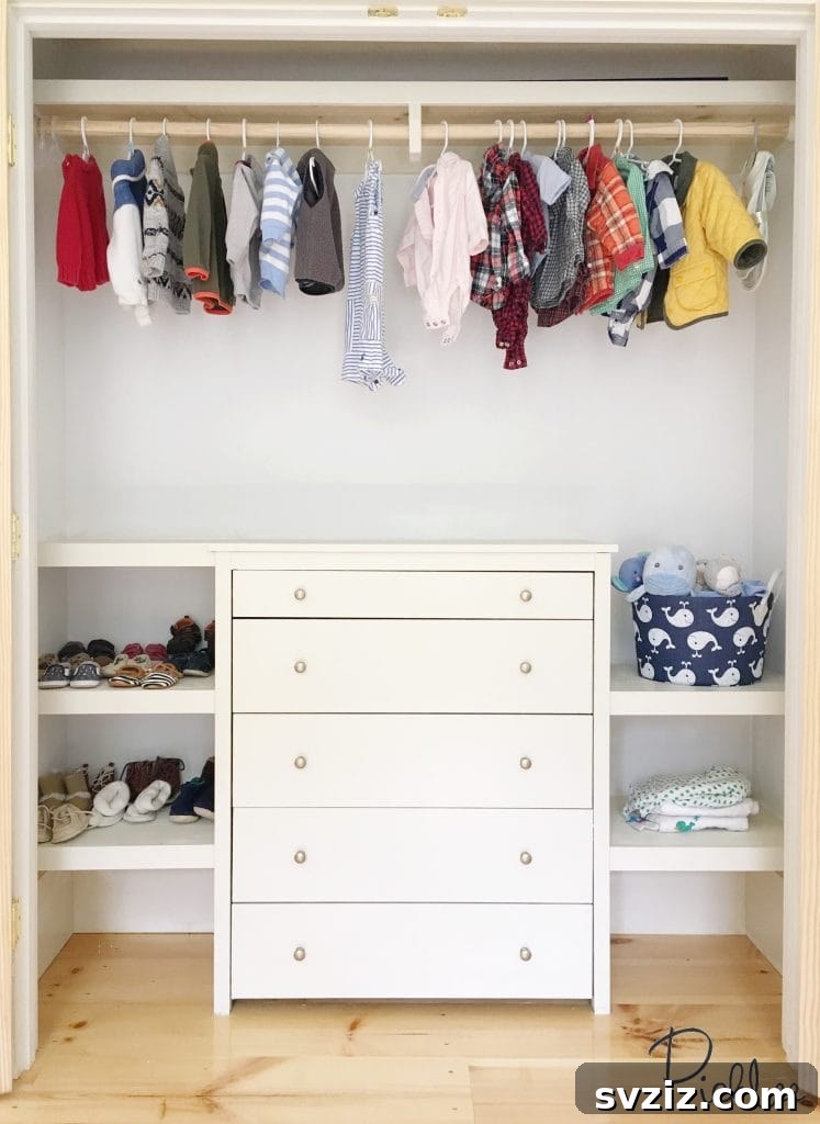 Modern boho nursery closet featuring an IKEA Koppang dresser and shoe shelves