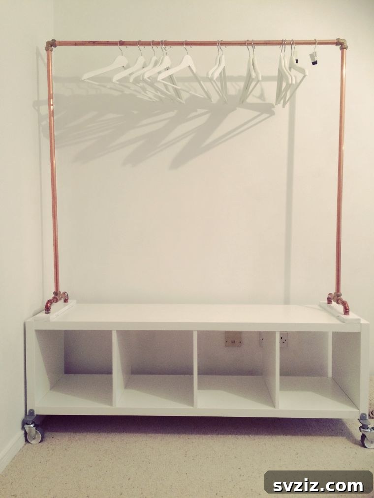 IKEA Kallax unit with copper piping clothes rail and casters