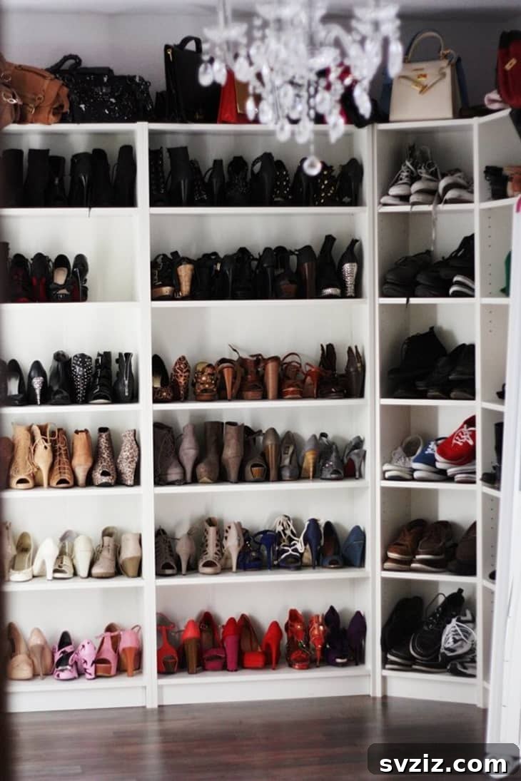 IKEA Billy Bookcase transformed into floor-to-ceiling shoe shelving