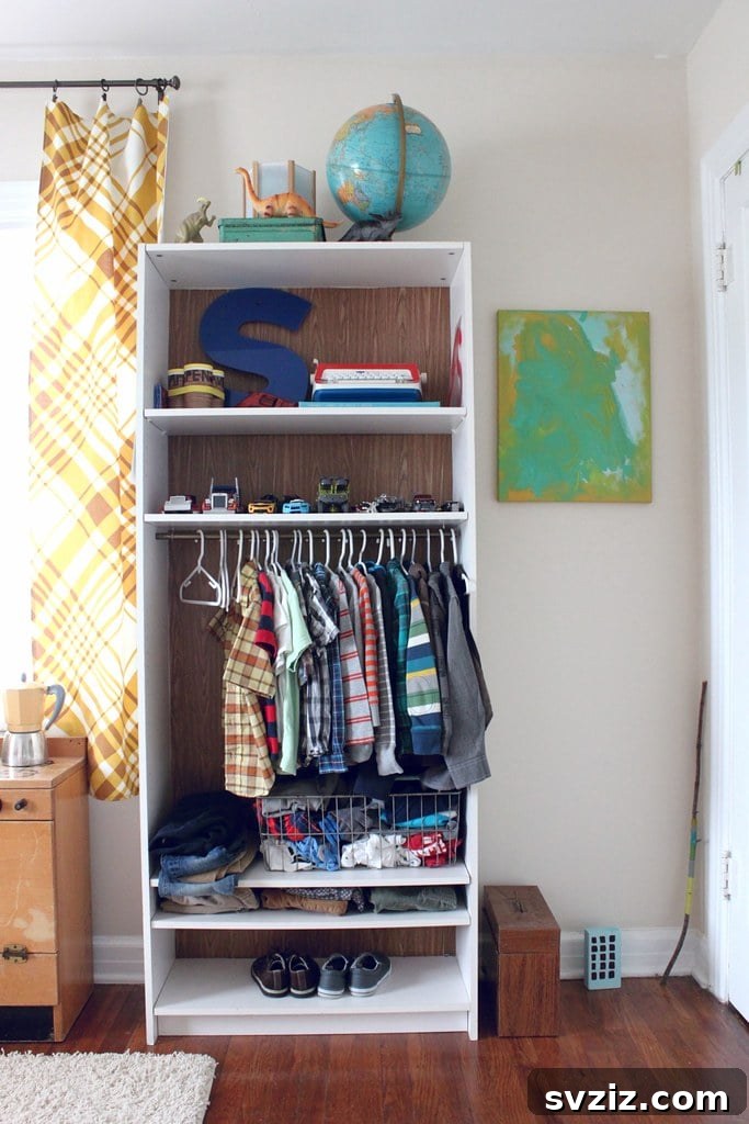Kids' wardrobe crafted from an IKEA Billy Bookshelf