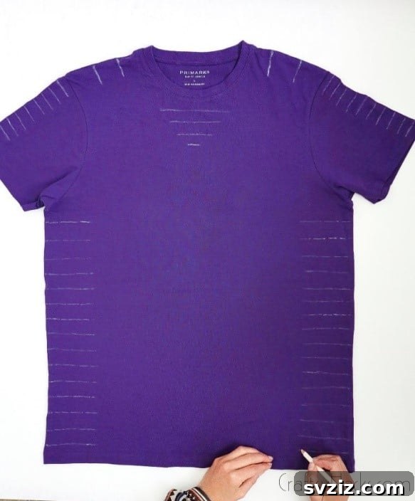 No-Sew T-Shirt Makeover 7 purple shirt with white pencil markings