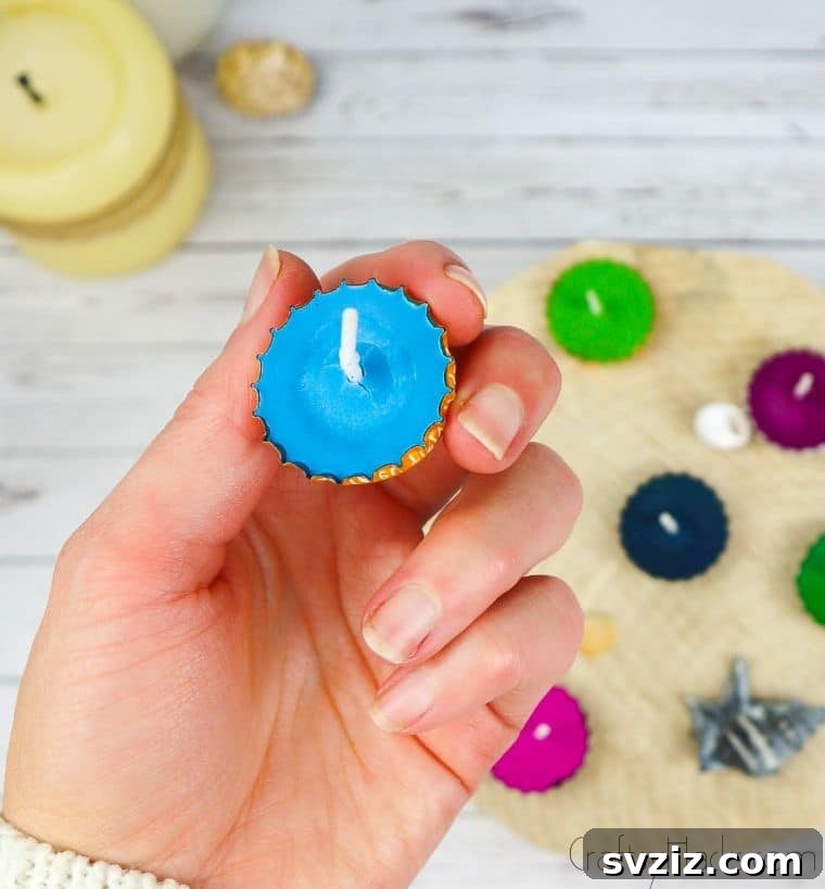 Bottle Cap Tealight Creations 2 A vibrant blue bottle cap candle, showcasing the beauty of upcycled decor.
