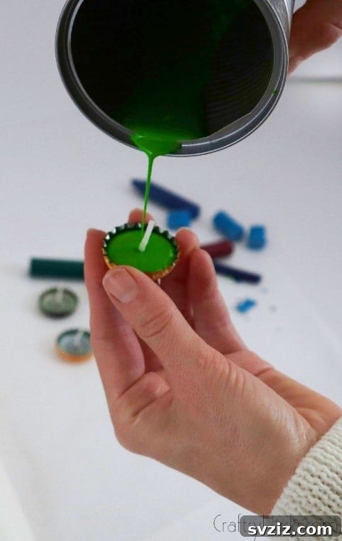 Bottle Cap Tealight Creations 12 Melted wax being carefully poured into a bottle cap containing a wick.
