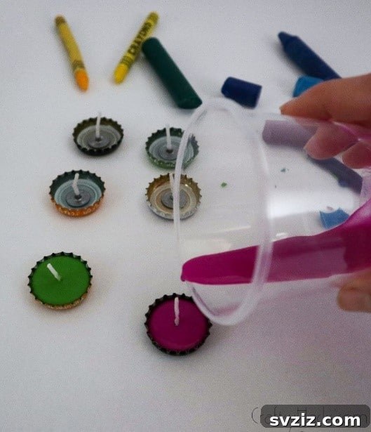 Bottle Cap Tealight Creations 13 Melted pink wax being poured into a bottle cap to create a candle.