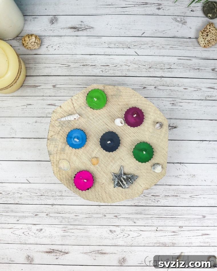 Bottle Cap Tealight Creations 14 A tray filled with a colorful assortment of finished DIY bottle cap candles.