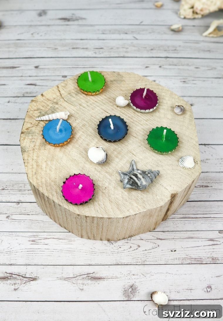 Bottle Cap Tealight Creations 17 Arranged DIY bottle cap candles with decorative shells, showing a coastal theme.