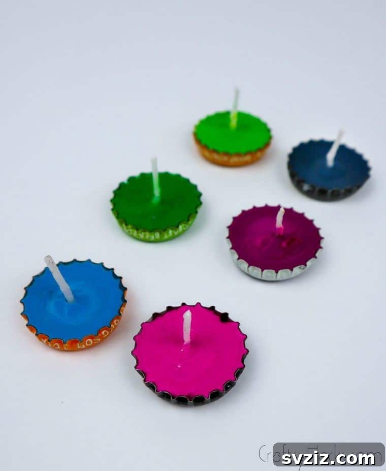 Bottle Cap Tealight Creations 18 Six colorful DIY bottle cap candles displayed together, highlighting their simple elegance.