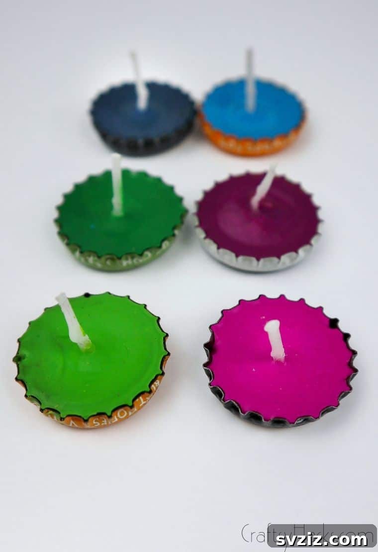Bottle Cap Tealight Creations 3 Six colorful DIY bottle cap candles arranged neatly, demonstrating a range of hues.