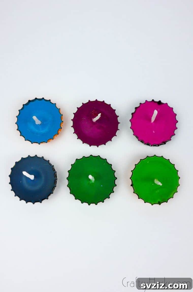 Bottle Cap Tealight Creations 5 A collection of six finished DIY bottle cap candles in various colors, showcasing the upcycled craft.
