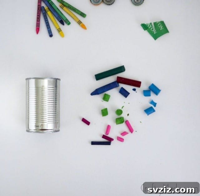 Bottle Cap Tealight Creations 8 Broken crayons next to a metal soup can, ready for melting.