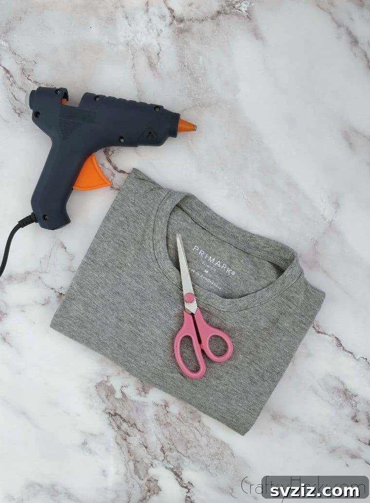 glue gun, scissors, and tshirt