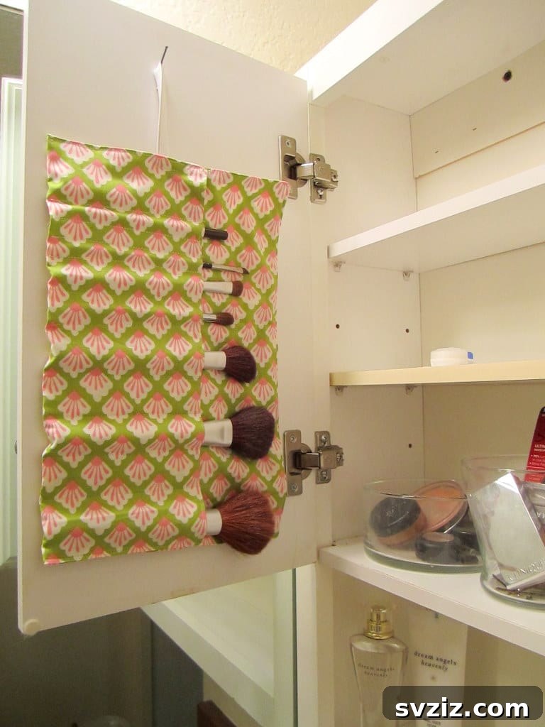Stitch Away the Clutter: 15 Sewing Projects for Organization 5 Hanging Makeup Brush Roll