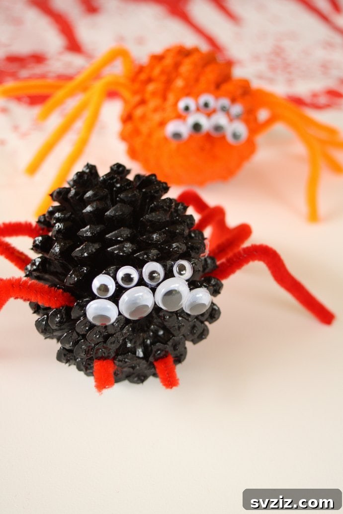 Spin a Web of Wonder: Spider Crafts for Your Little Bug Enthusiast 11 Spooky spiders made from painted pinecones and pipe cleaners, ideal for fall and Halloween decorations.