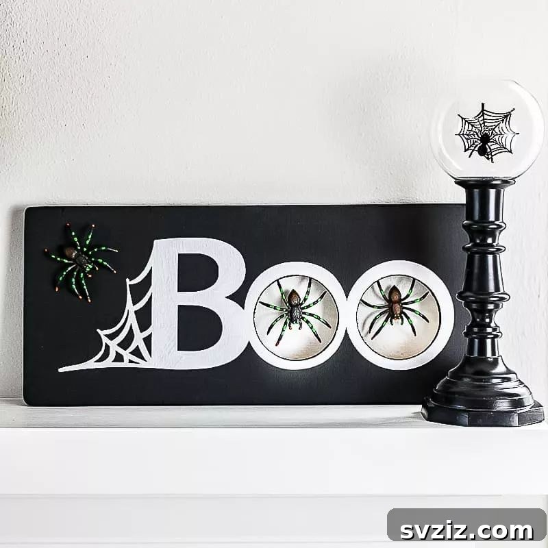 Spin a Web of Wonder: Spider Crafts for Your Little Bug Enthusiast 5 A rustic wooden sign adorned with spider silhouettes, perfect as a spooky mantelpiece decoration for Halloween.