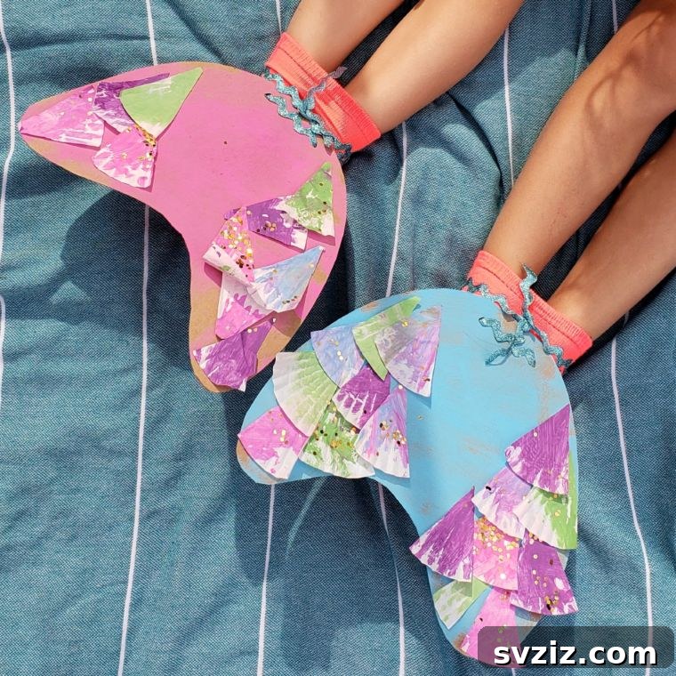 18 Magical Mermaid DIY Projects for Little Ariel Enthusiasts 18 Colorful Cardboard Mermaid Tail Flippers, handmade with paint and cardboard, perfect for imaginative play and costumes.