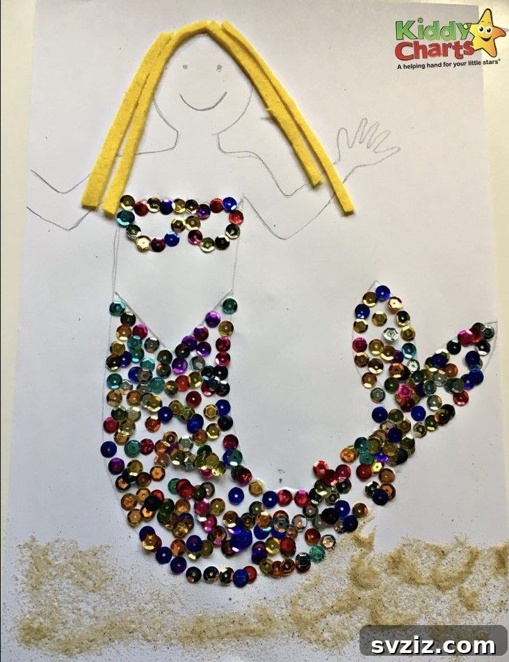 18 Magical Mermaid DIY Projects for Little Ariel Enthusiasts 5 A sparkling Mermaid Sequin Craft, featuring an iridescent mermaid tail made with colorful sequins on paper, enhancing fine motor skills.