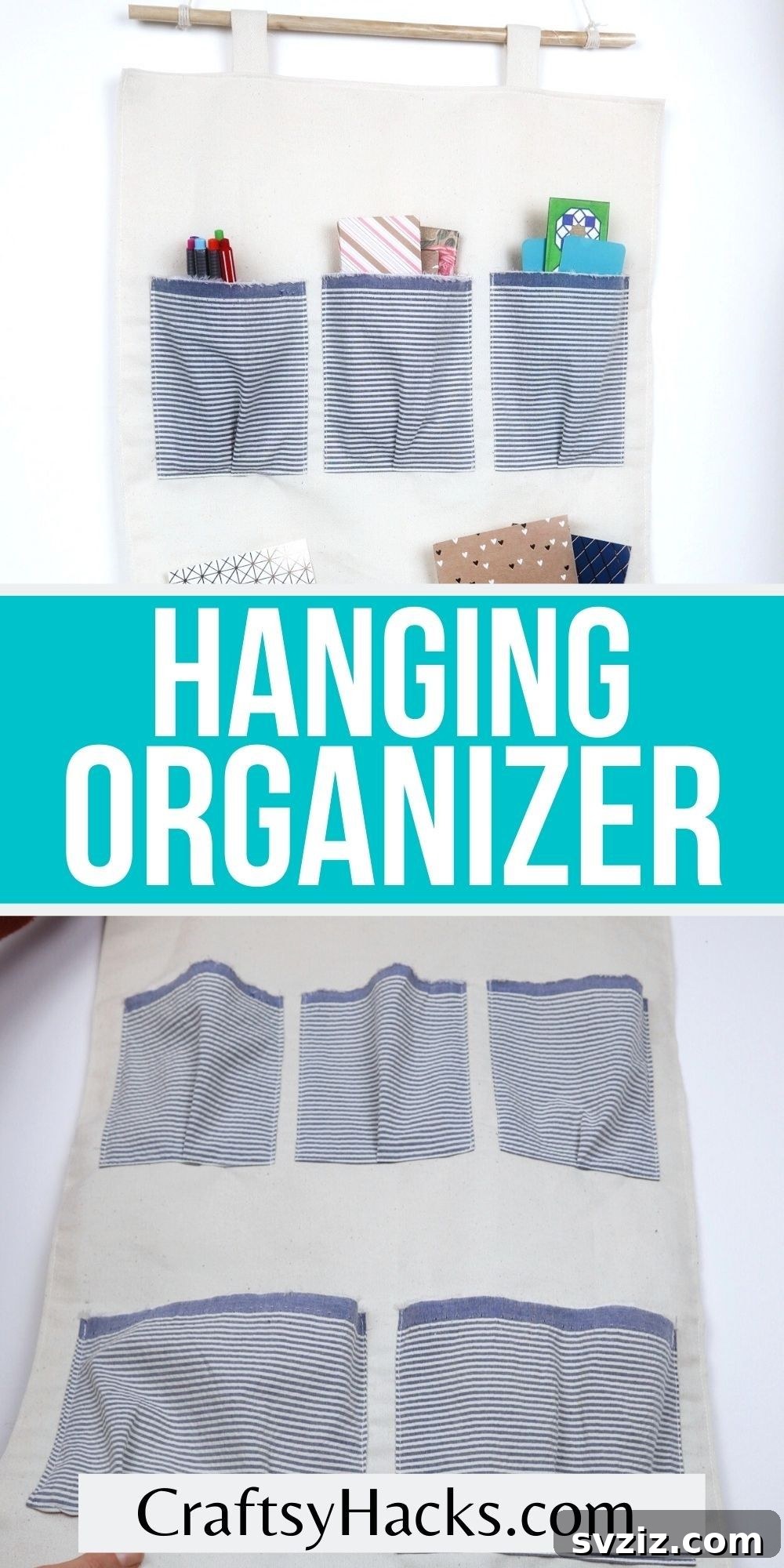 Pinterest pin image showcasing the DIY hanging organizer for home storage