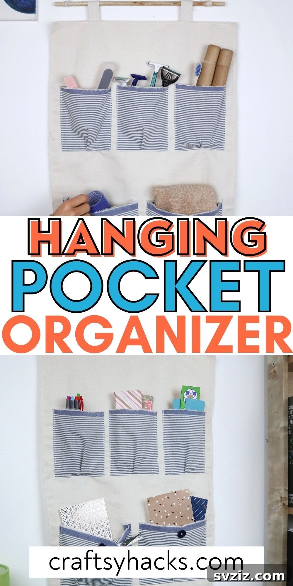 A neatly organized hanging pocket organizer on a wall, filled with office supplies