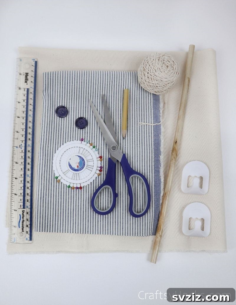 Craft supplies including fabric, scissors, ruler, and pins laid out on a table
