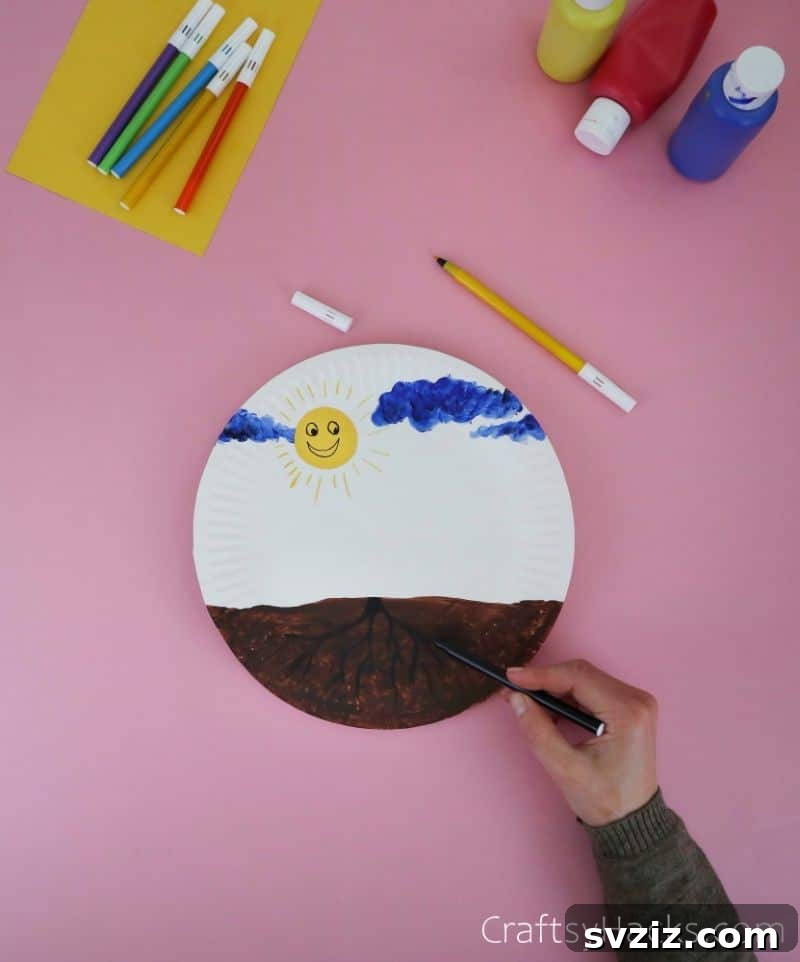 painting tree roots on paper plate