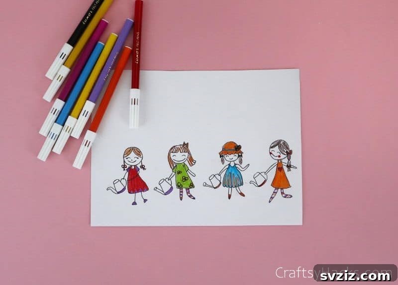 colored in drawings of people watering flowers