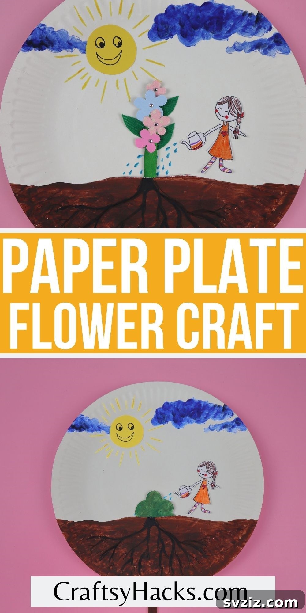 completed paper plate flower craft with blue sky