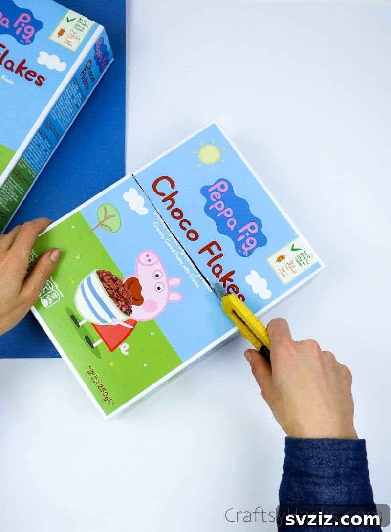 cutting cereal box with box cutter