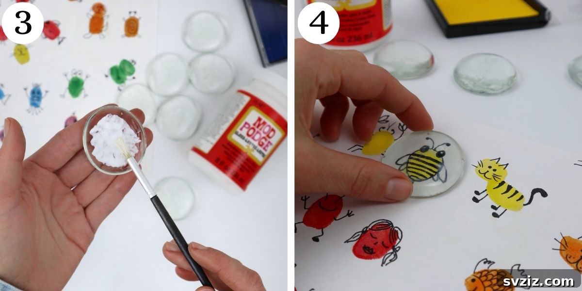 Fingerprint Keepsake Glass Magnets 6 Steps 3 and 4 of the DIY magnet tutorial, showing how to draw features on fingerprints and apply Mod Podge to glass cabochons.