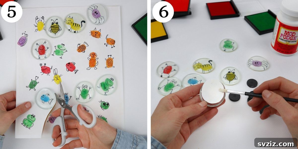 Fingerprint Keepsake Glass Magnets 7 The process of pressing glass cabochons onto the dried fingerprint drawings and then meticulously cutting them out.