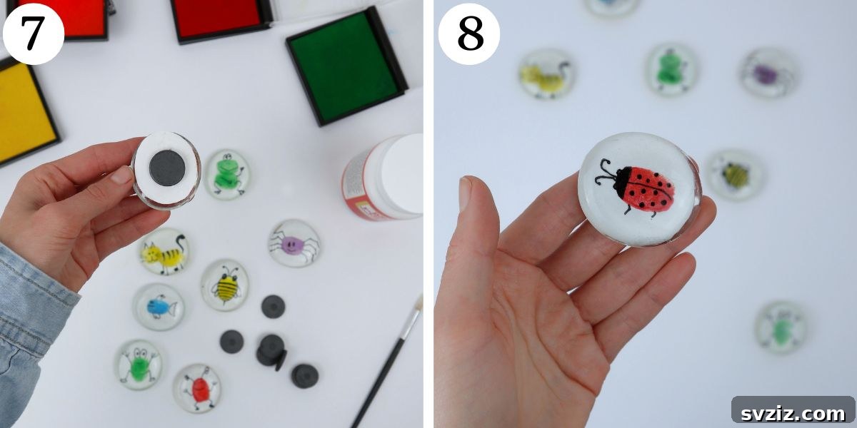 Fingerprint Keepsake Glass Magnets 8 The concluding steps of magnet making, showing the application of glue and magnets to the back of the finished glass gems.