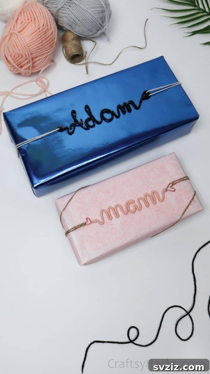 Stunning Wire Ornaments: Handmade Gifts You'll Adore 15 Decoratively wrapped gifts with personalized pink and blue wire names