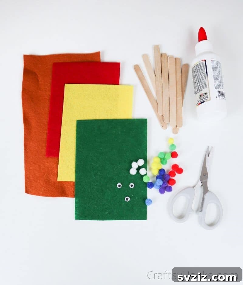 Simple Fish Crafts Kids Love to Make at School 5 A colorful array of craft supplies including felt sheets, googly eyes, and pom poms.