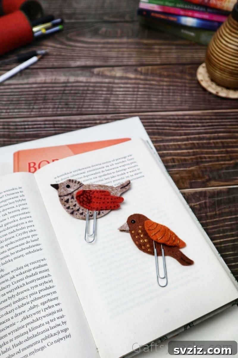 Creative Paper Clip Bookmarks 19 Two completed felt bird bookmarks resting in an open book on a wooden surface