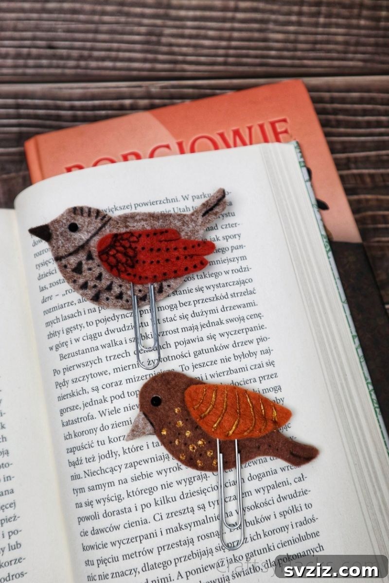 Creative Paper Clip Bookmarks 3 Two handmade felt bird bookmarks resting in an open book