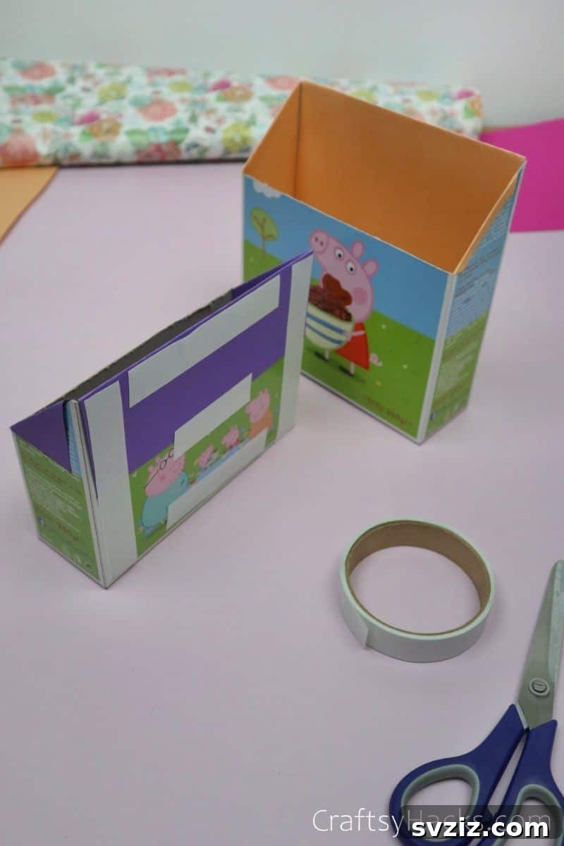 Applying adhesive to the backs of two cereal boxes for assembly
