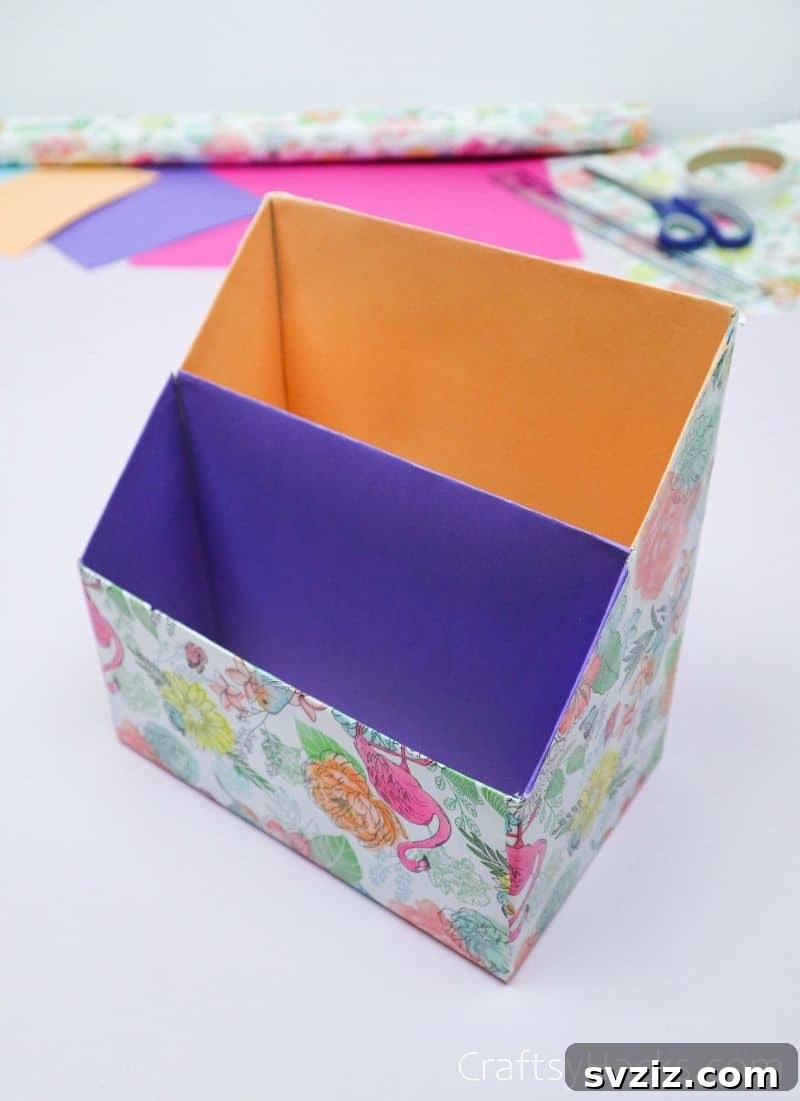 The completed DIY desk organizer, a triumph of upcycling and home organization