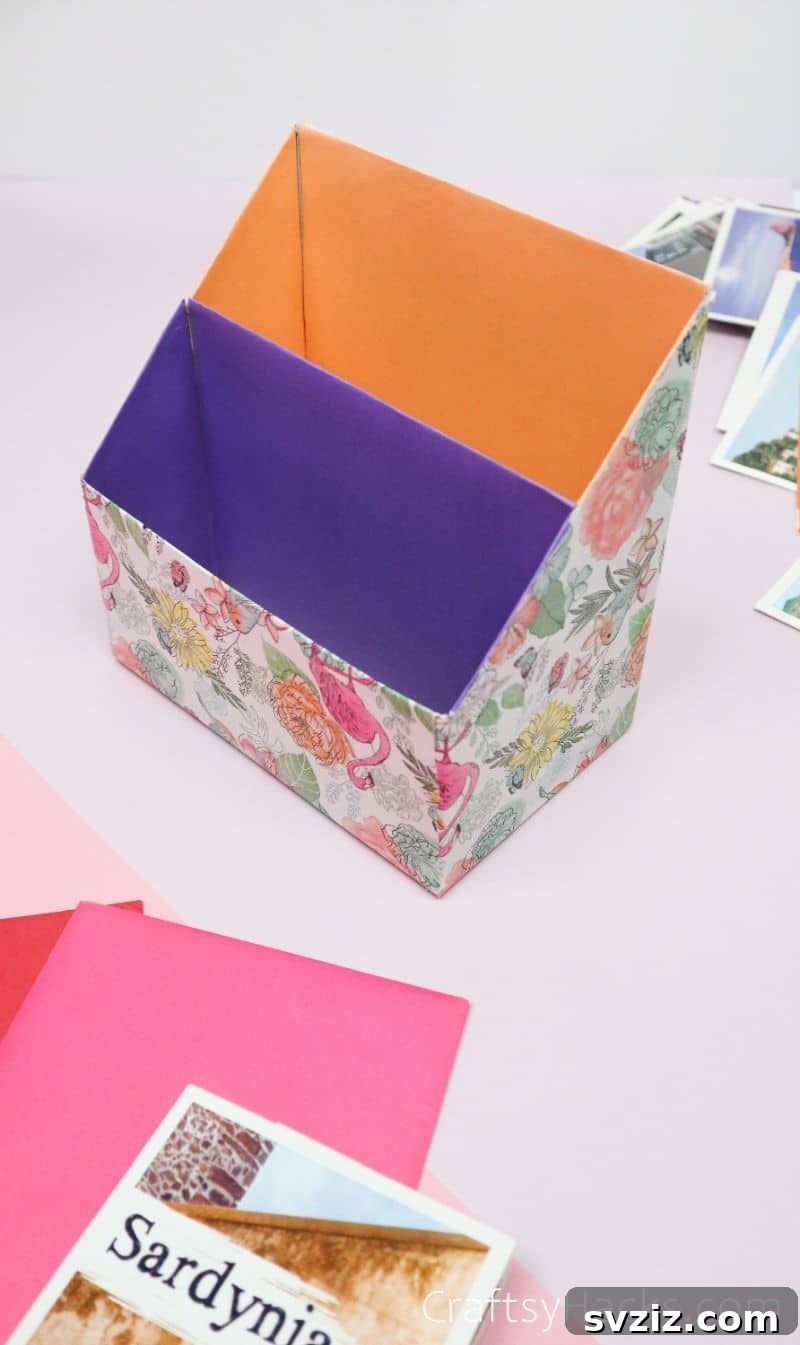 Finished upcycled desk organizer beautifully arranged with office essentials