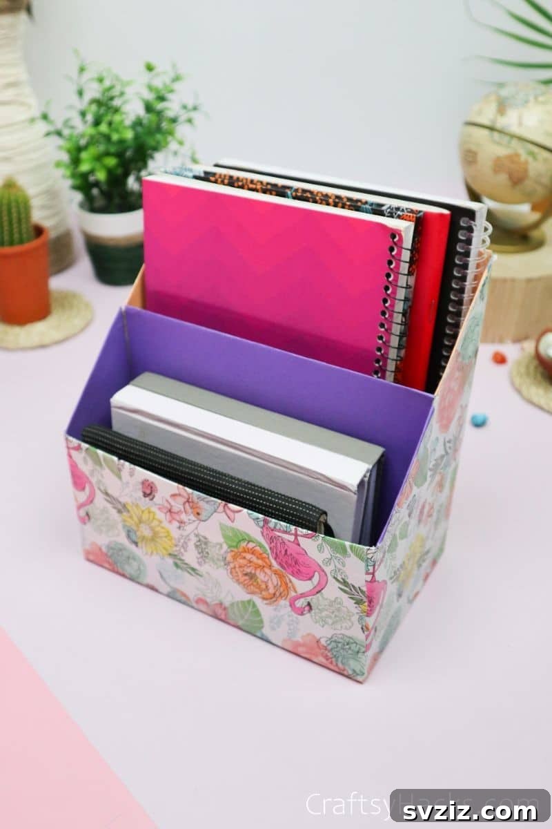 Stylish cereal box desk organizer with colorful interior for creative home organization