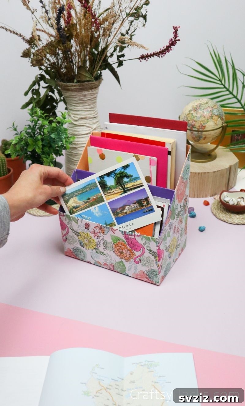 DIY upcycled desk organizer holding postcards and small items, enhancing office decor