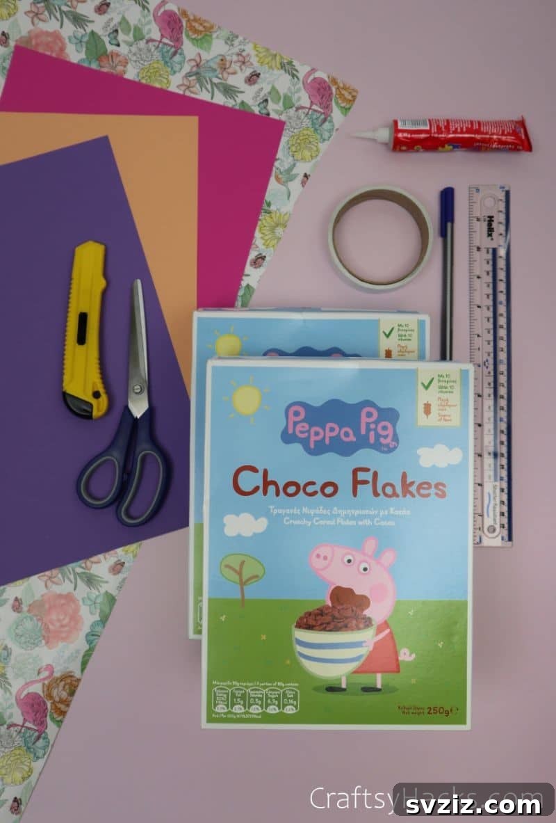 Craft supplies and cereal boxes ready for an easy DIY desk organizer project