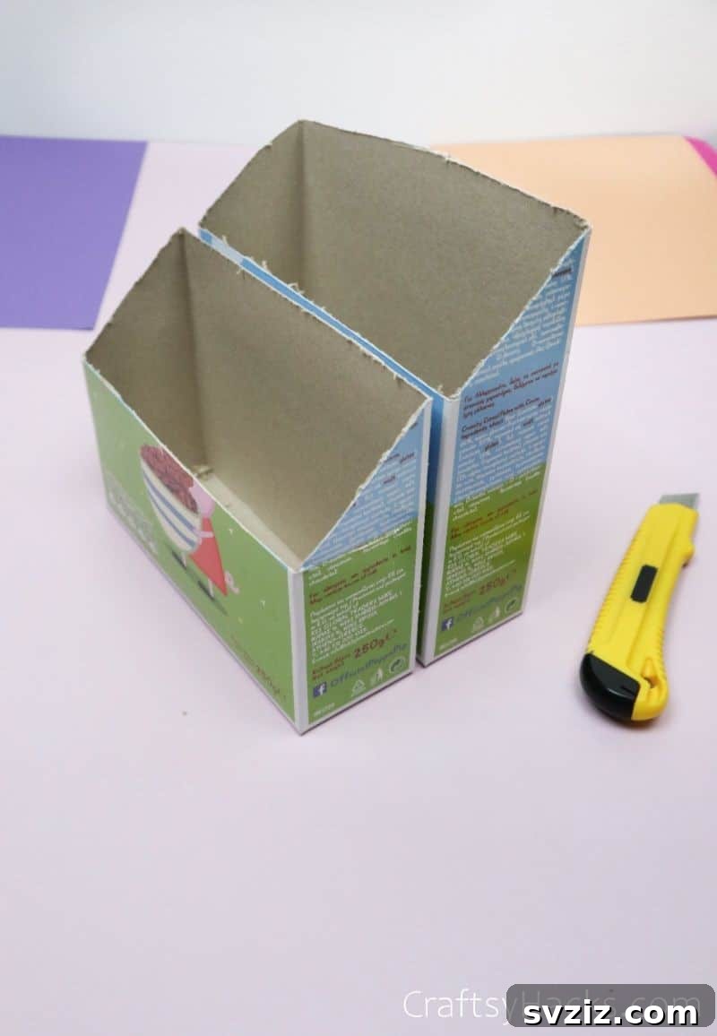 Cereal boxes cut with precision for an innovative DIY desk organizer structure