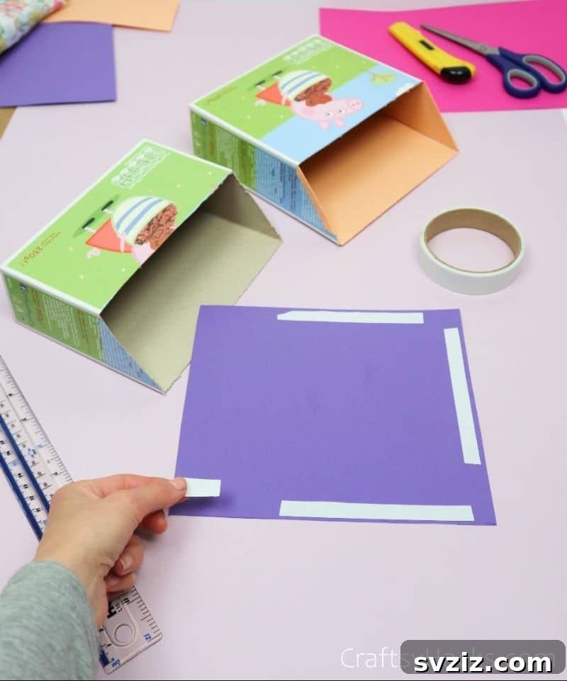 Applying double-sided tape to colorful paper for lining a cereal box organizer