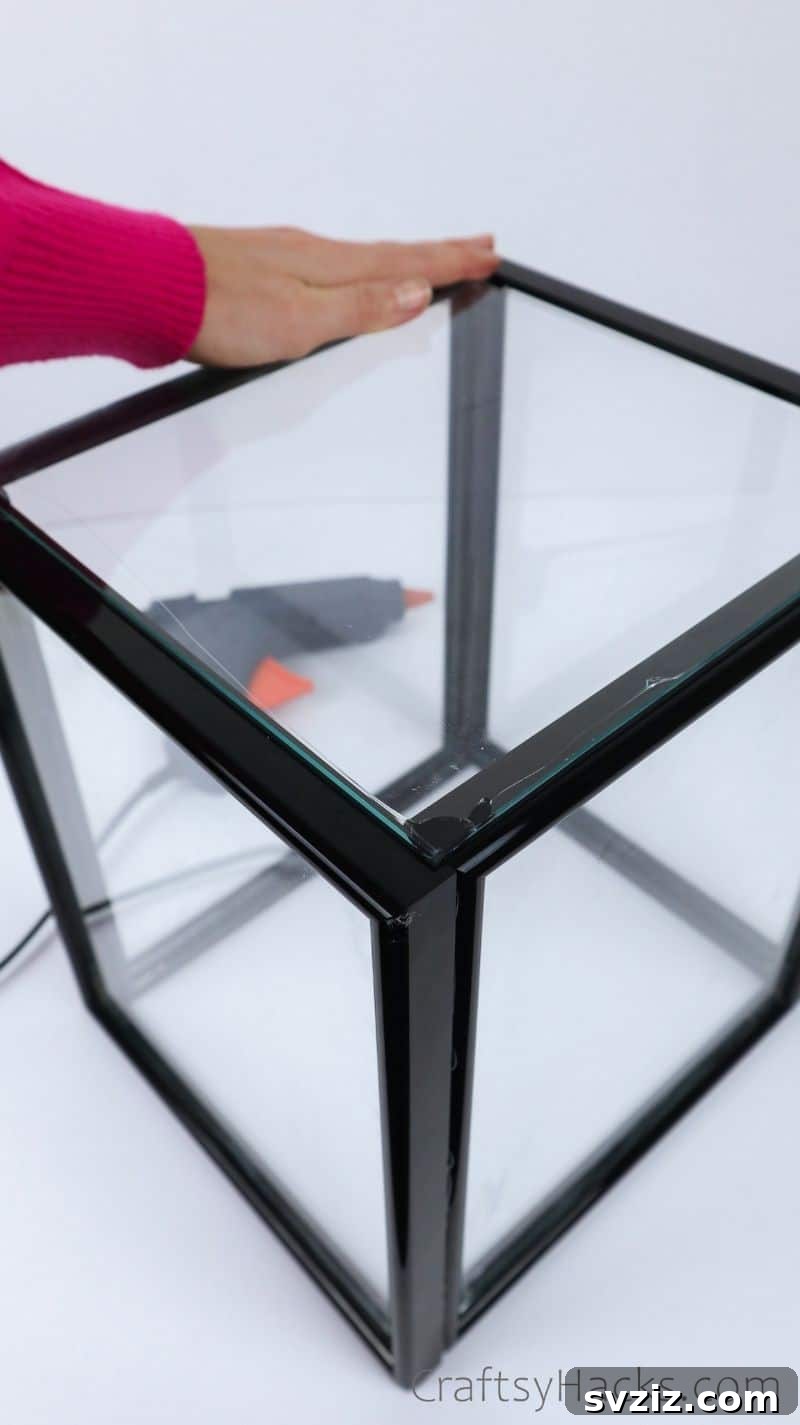 High-End Look Dollar Tree Lantern Craft 13 attaching glass to bottom of lantern