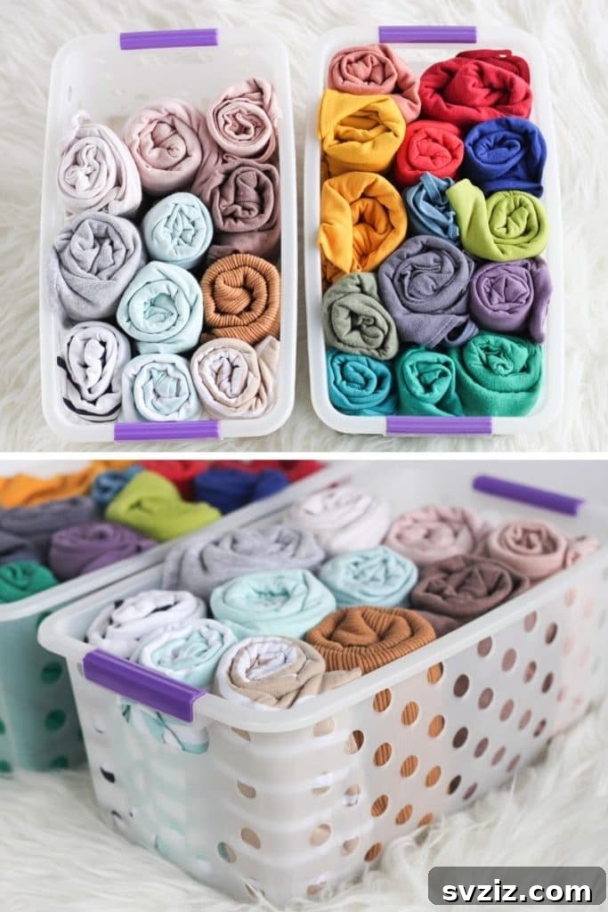 Mastering Micro Spaces: 40 Small Bedroom Organization Secrets 23 Dollar Store Bins for rolled garment storage
