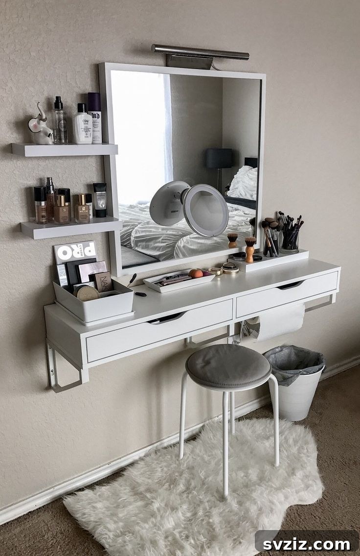 Mastering Micro Spaces: 40 Small Bedroom Organization Secrets 42 Floating Makeup Dresser for compact beauty organization