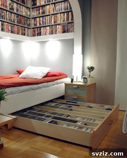 Mastering Micro Spaces: 40 Small Bedroom Organization Secrets 6 Book Shelves Over the Bed in a small bedroom